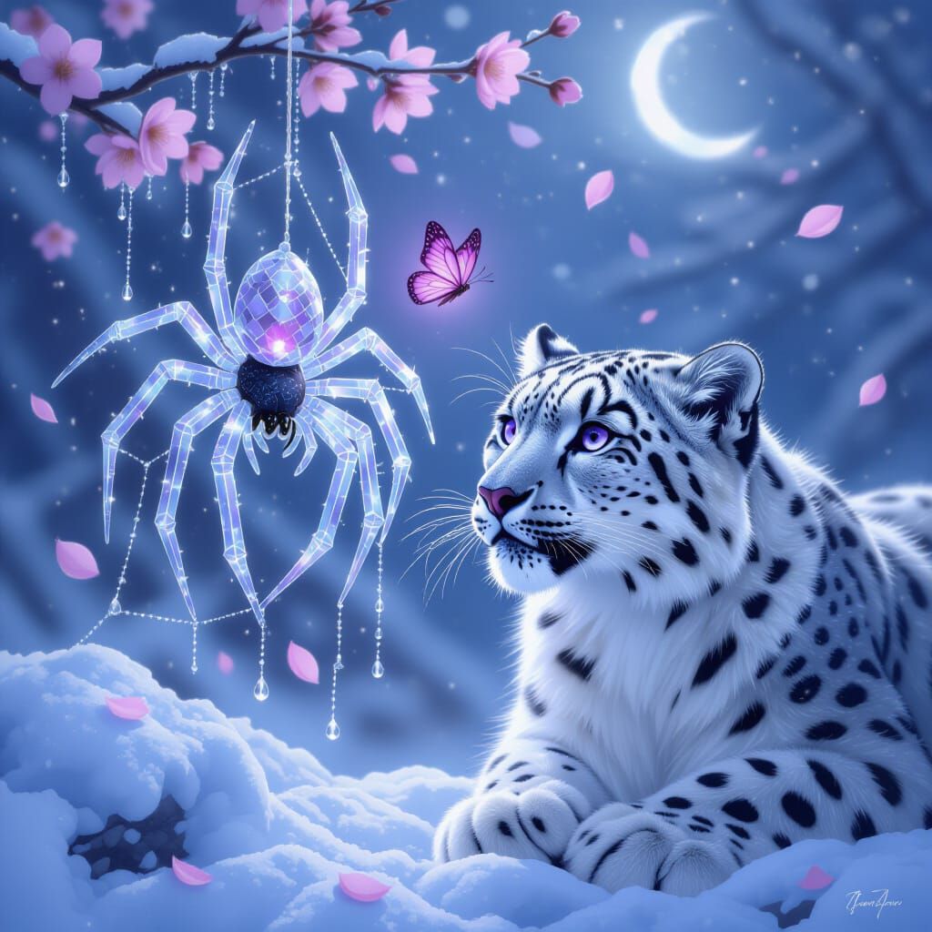 Majestic Snow Leopard Faces Giant Crystal Ice Spider