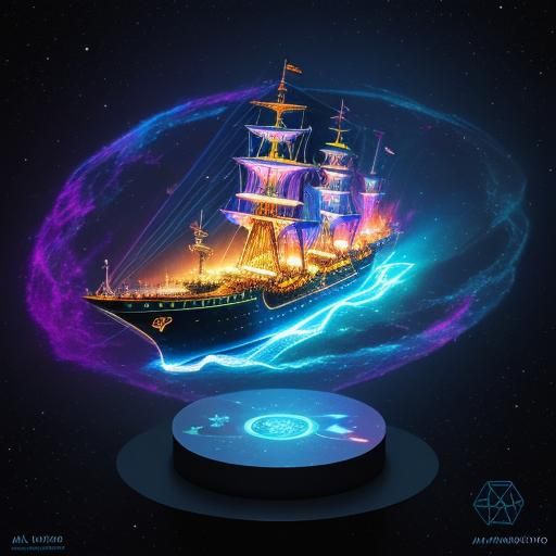 Holographic Cosmic Ship Illustration in Mixed Media