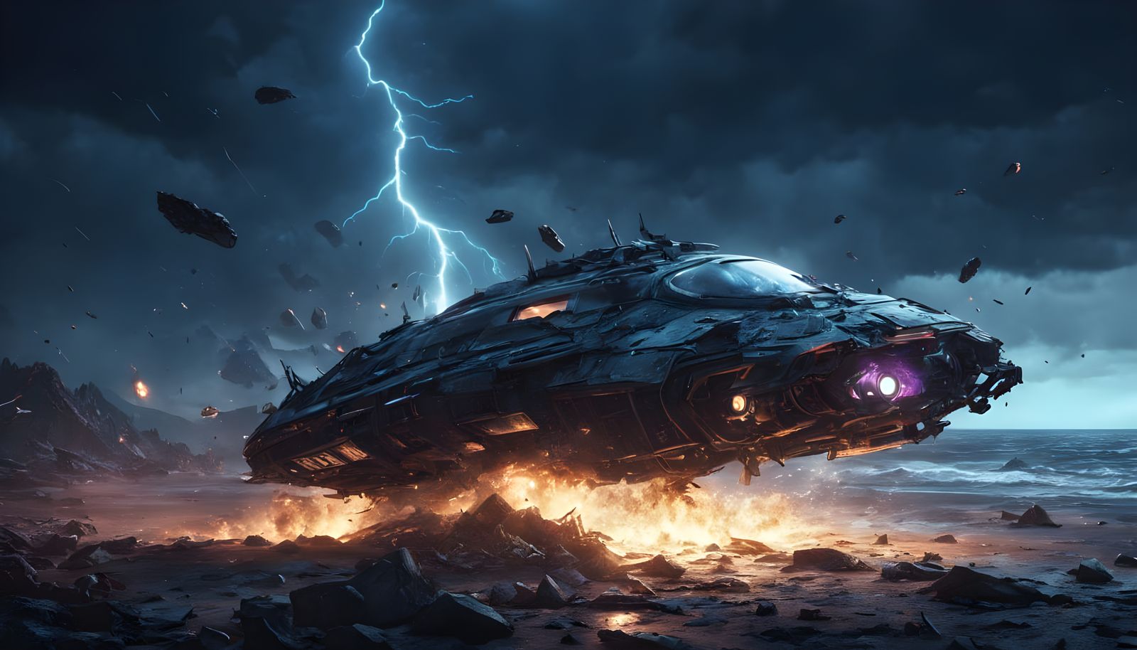 Surreal Crash Site Illuminated by Lightning