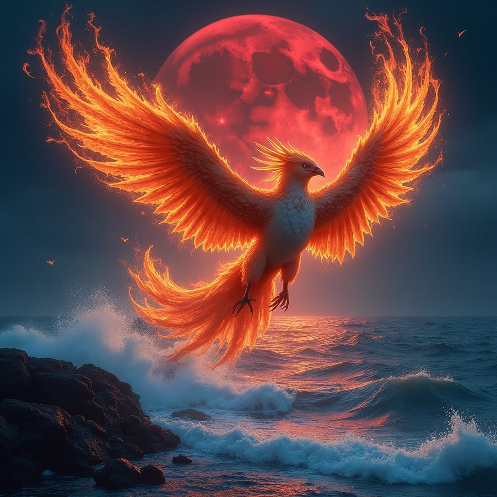 Phoenix Rising Under Blood Moon in Surreal Digital Art