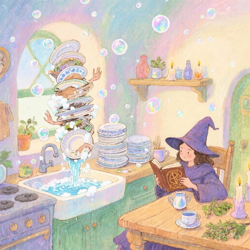 Magical Kitchen with Floating Dishes and Relaxed Witch