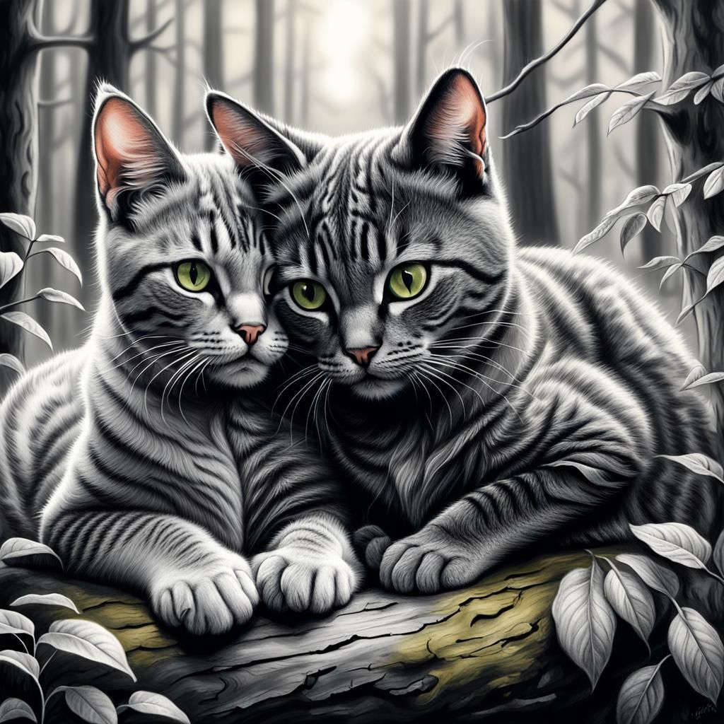 Adorable Cats Snuggling in Forest: Hyperdetailed Drawing