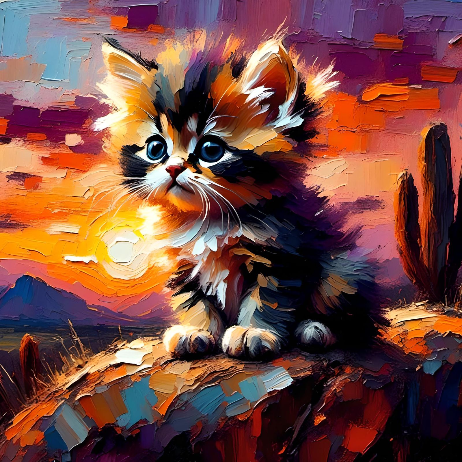Grumpy Kitten at Sunset: Impasto Oil Painting