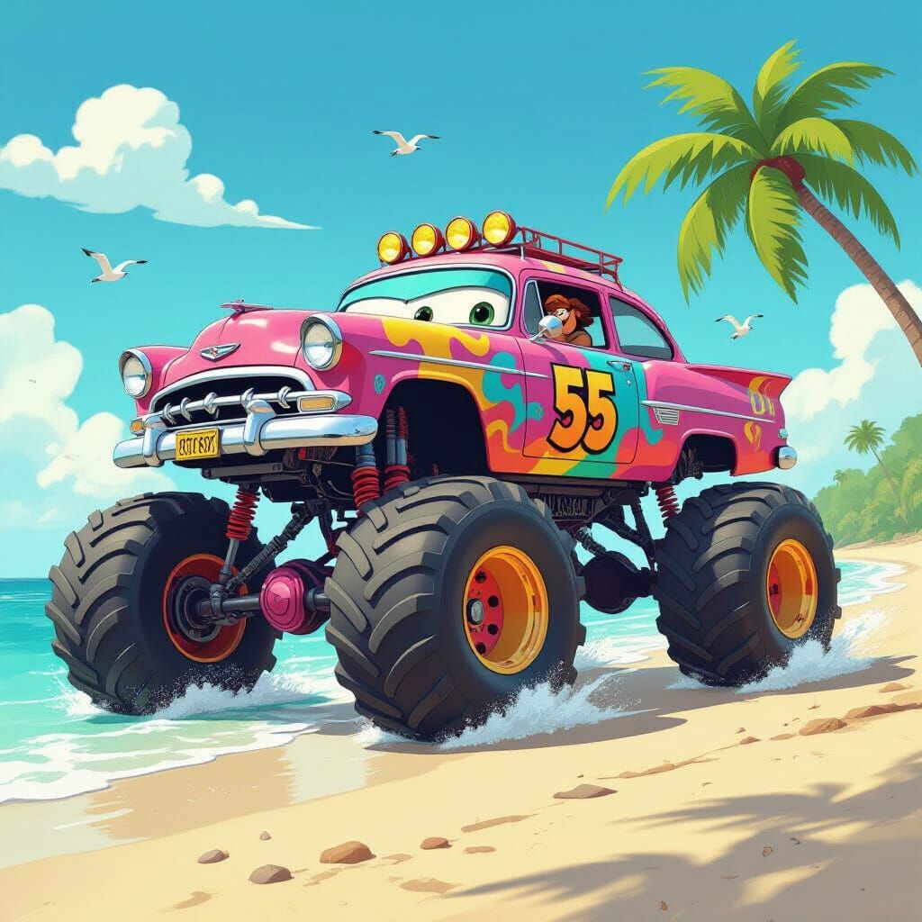 Cartoon Car on Beach: A Whimsical Scene