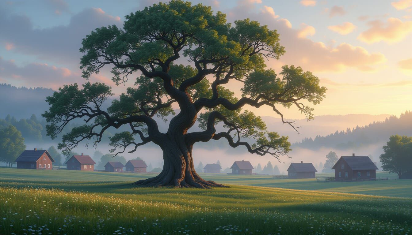 Majestic Ancient Oak Tree in Misty Meadow at Dawn