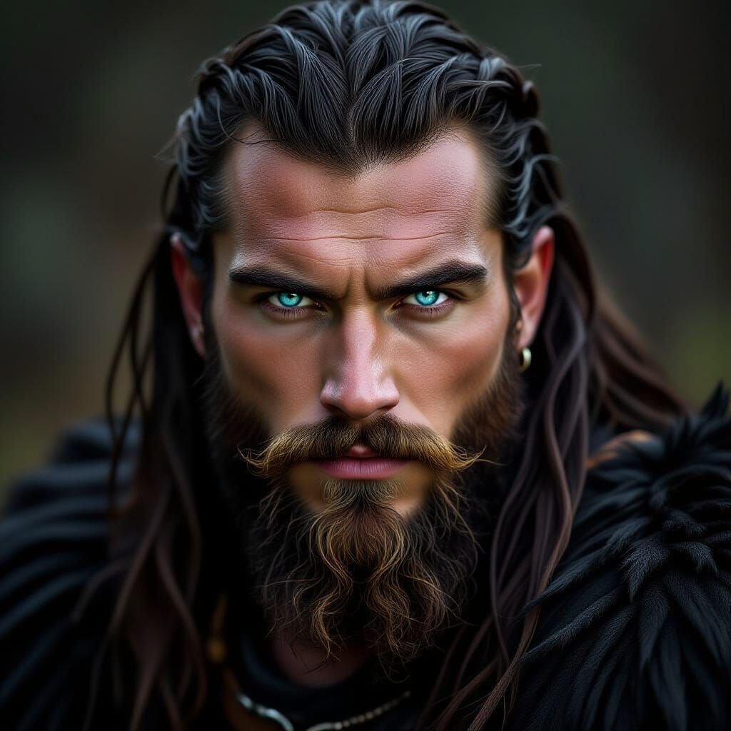 Viking Norse Man and Black Dragon with Silver Eyes