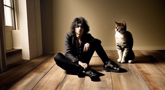 A dishevelled Syd Barrett sitting on a wood tile floor playing his telecaster guitar and a semi clad woman is seen from ...