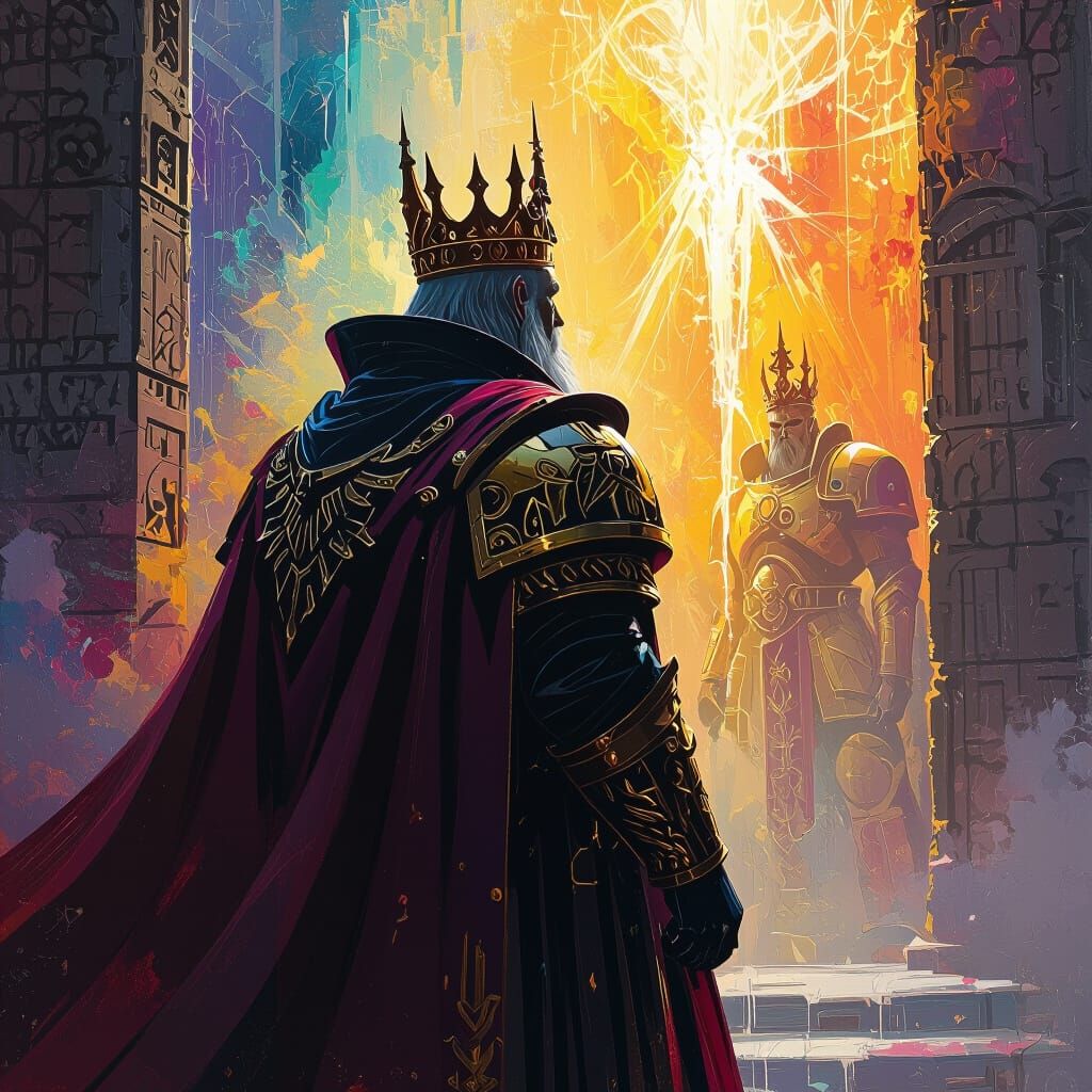 Emperor of Mankind Stands in Light, Facing Fire Lords