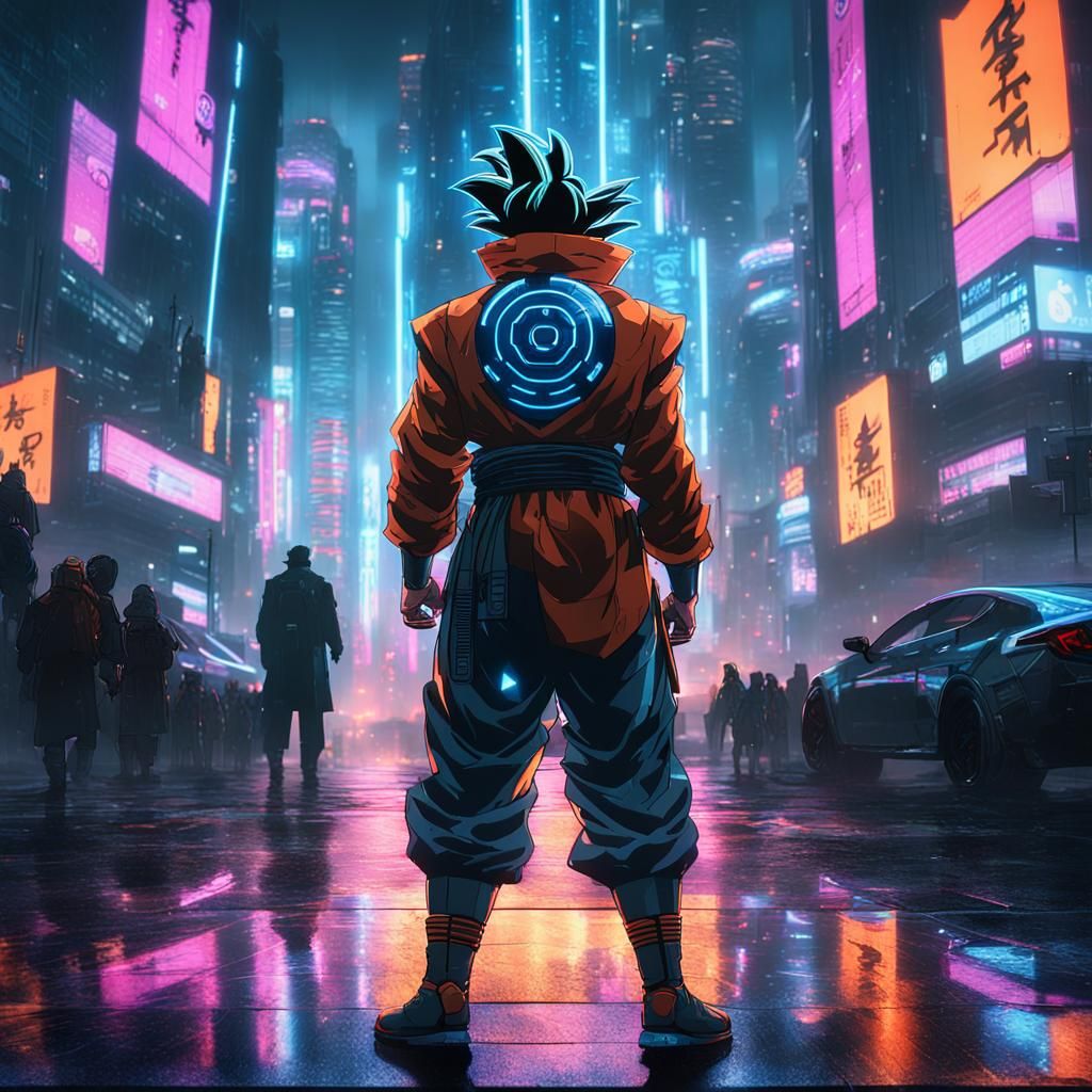 Goku in Cyberpunk Cityscape Concept Art