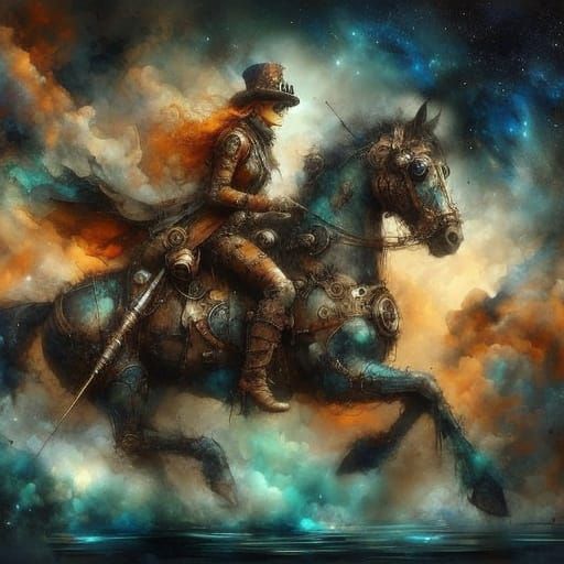Surreal Steampunk Inventor Rides Horse in Futuristic Gear