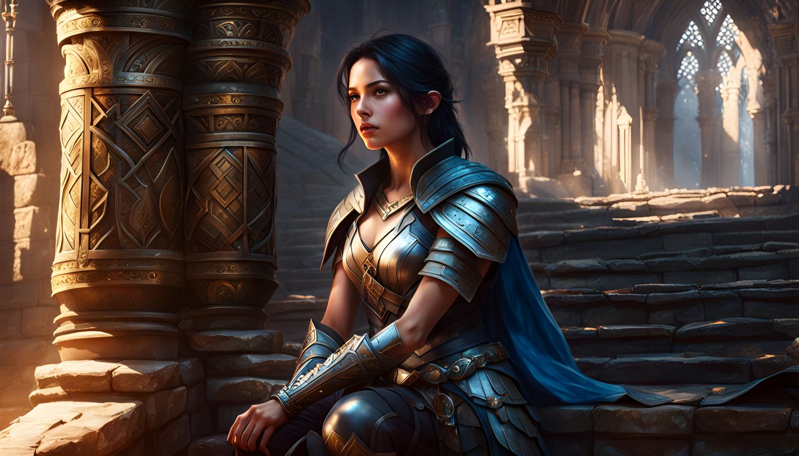 Teenage Girl at Medieval Temple Ruins in HDR