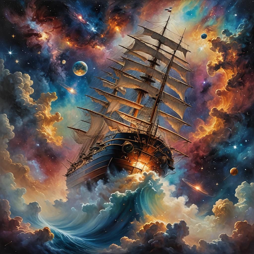 Sailing Ship Soaring Through Galaxy as Oil Painting