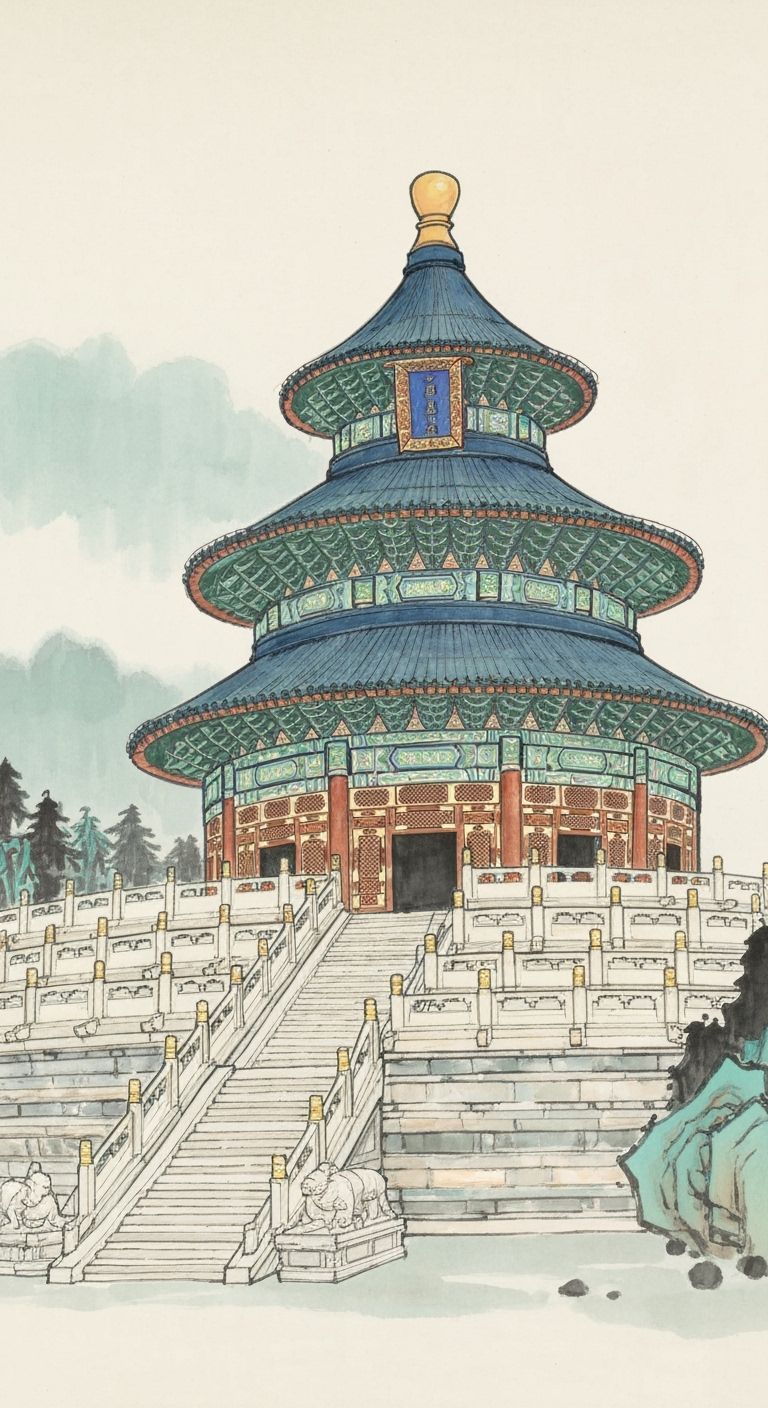 The Temple of Heaven, Beijing, Chinese style brush painting