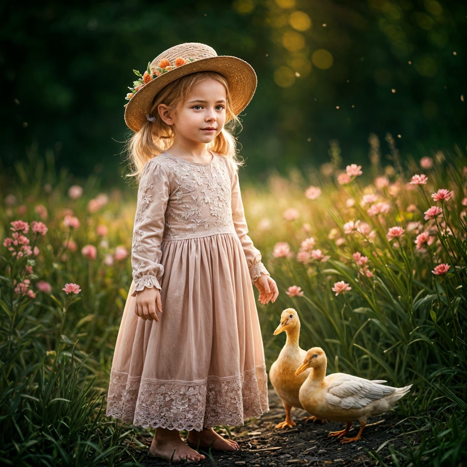Girl in Pink Dress with Ducks: Fantasy Art