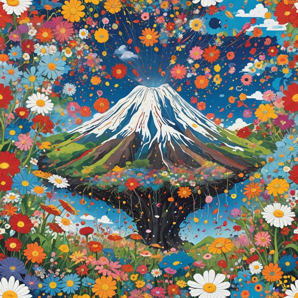 Volcano Eruption of Flowers in Surreal Landscape