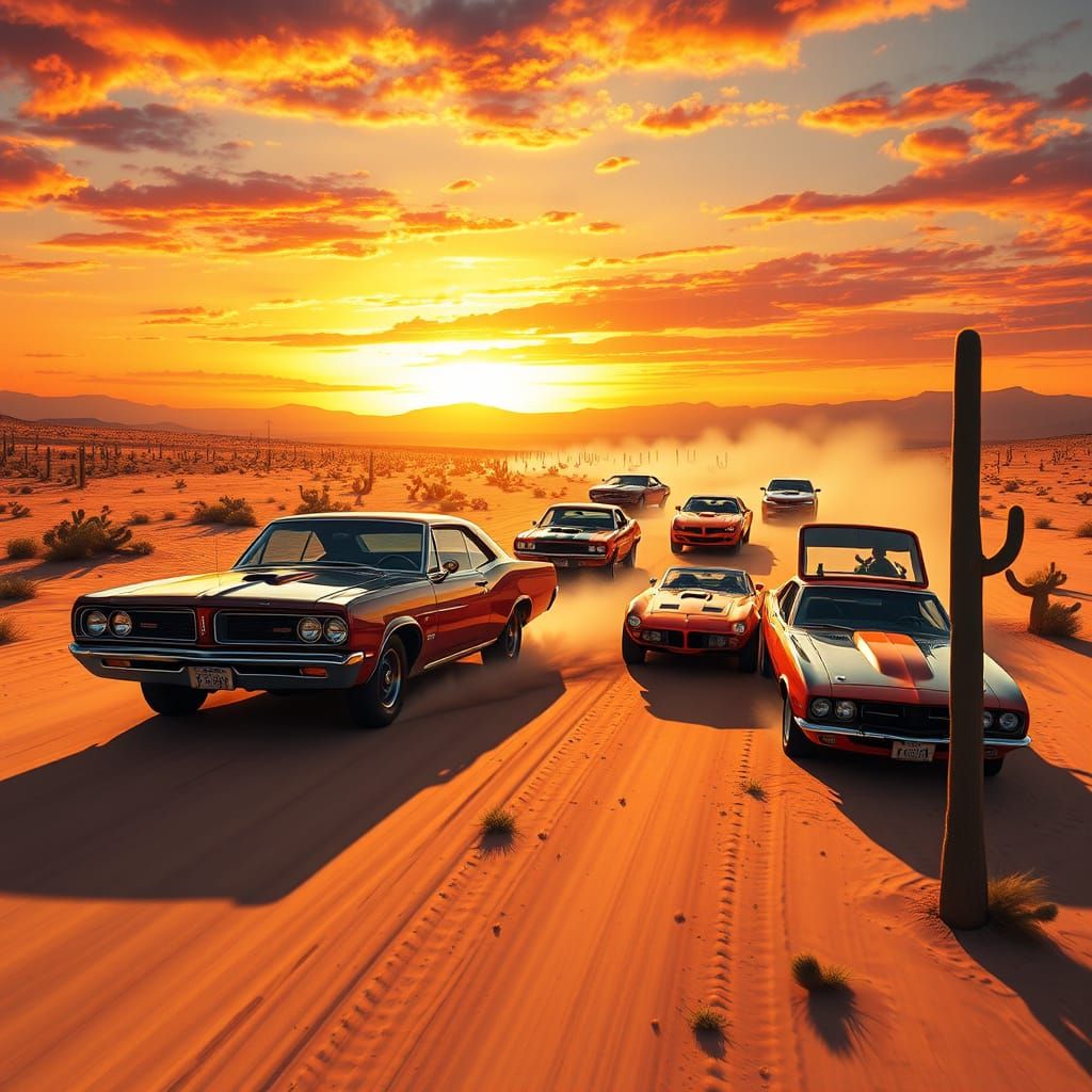 Muscle Cars Race Through Desert at Sunset