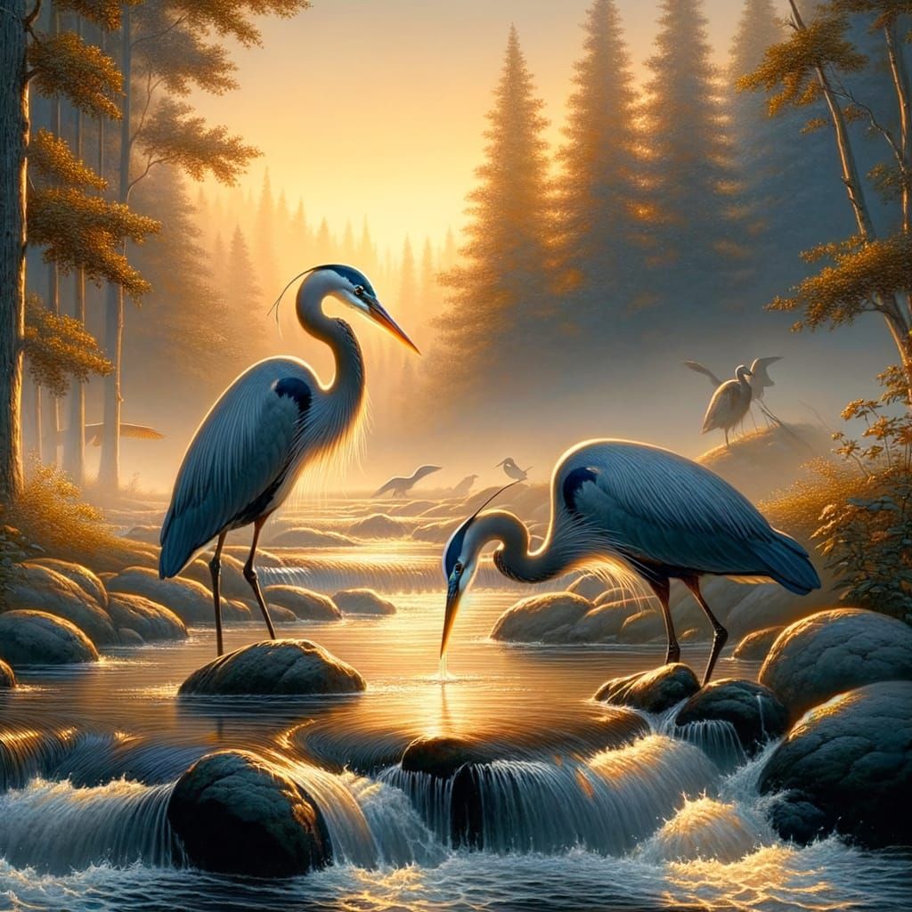 Great Blue Herons at Dawn in Tranquil Stream