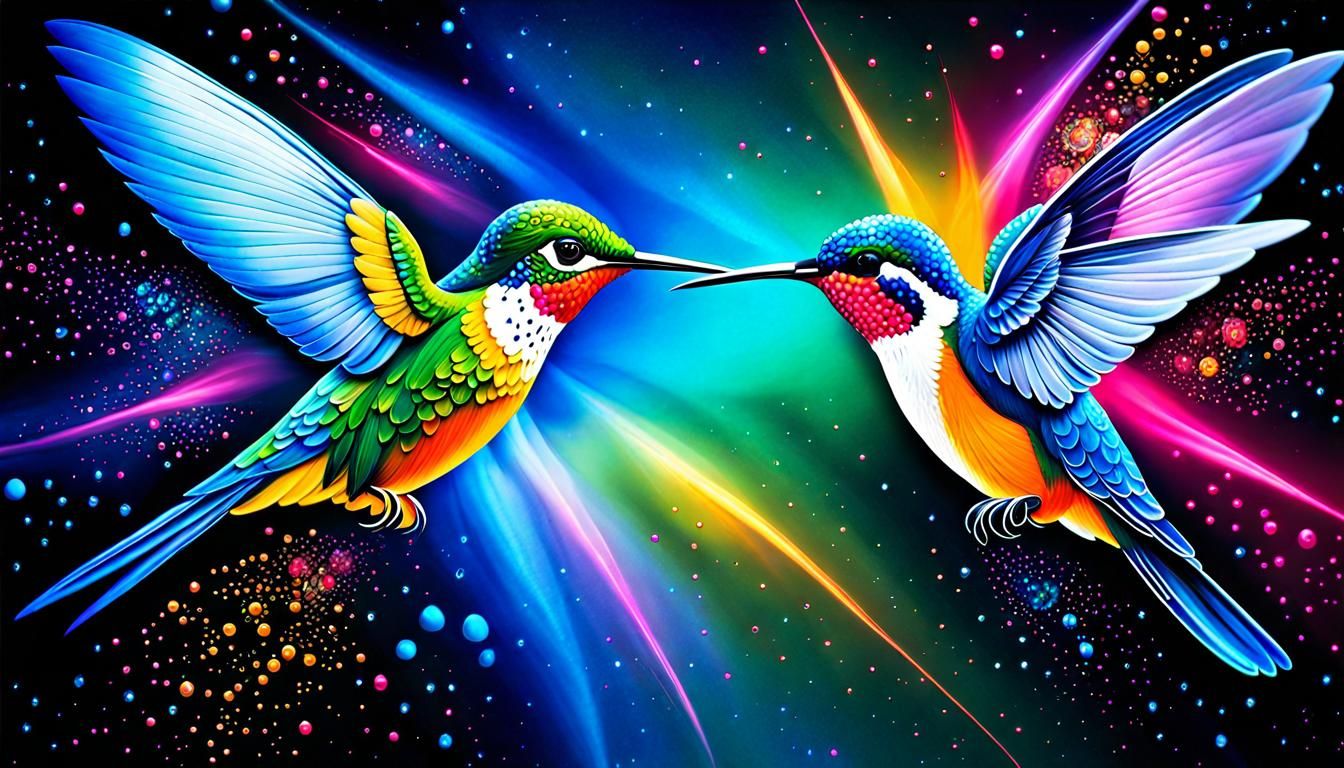 Multi-Colored Hummingbirds in Visionary Surrealism Style