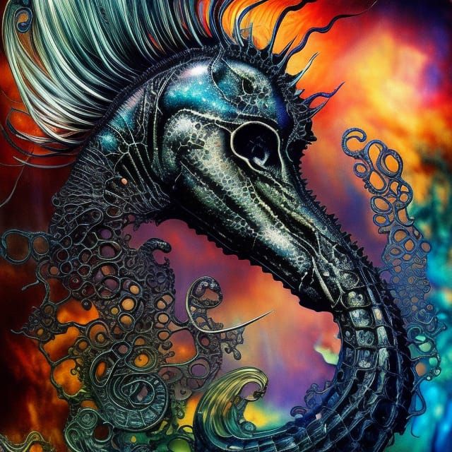 Intricate Seahorse Skull with Fractal Iridescence