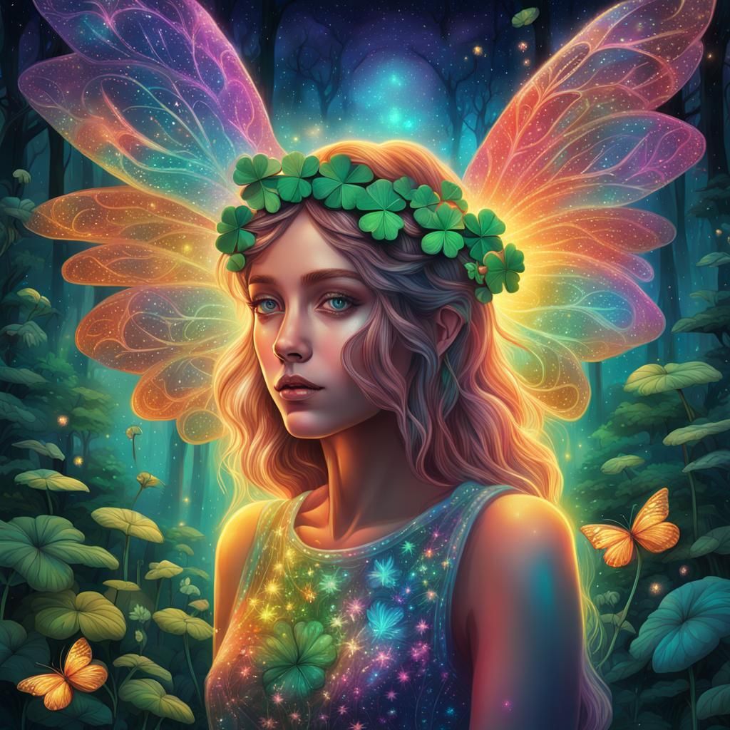 Rainbow Winged Fairy in a Mystical Forest