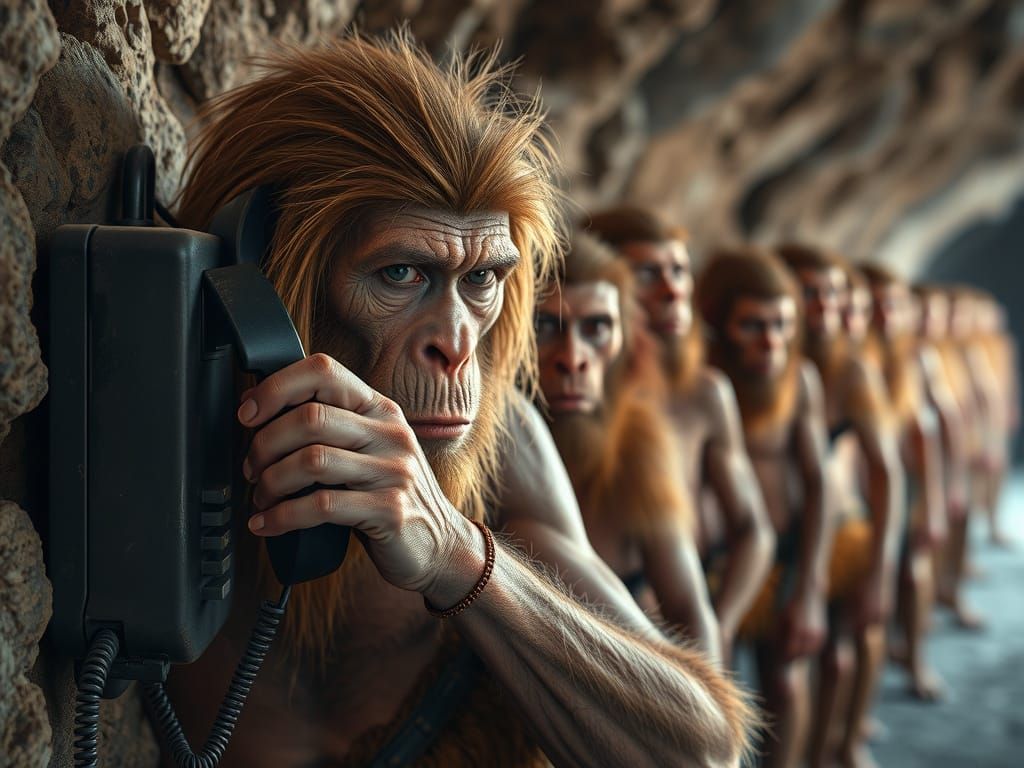 Neanderthal on Pay Phone in Cave with Vivid Colors