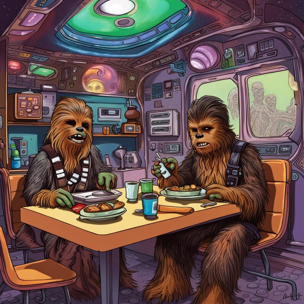 Chewbacca and son having lunch