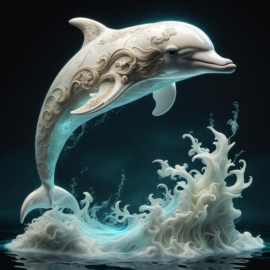 Luminous Marble Dolphin Leaping from Bioluminescent Sea