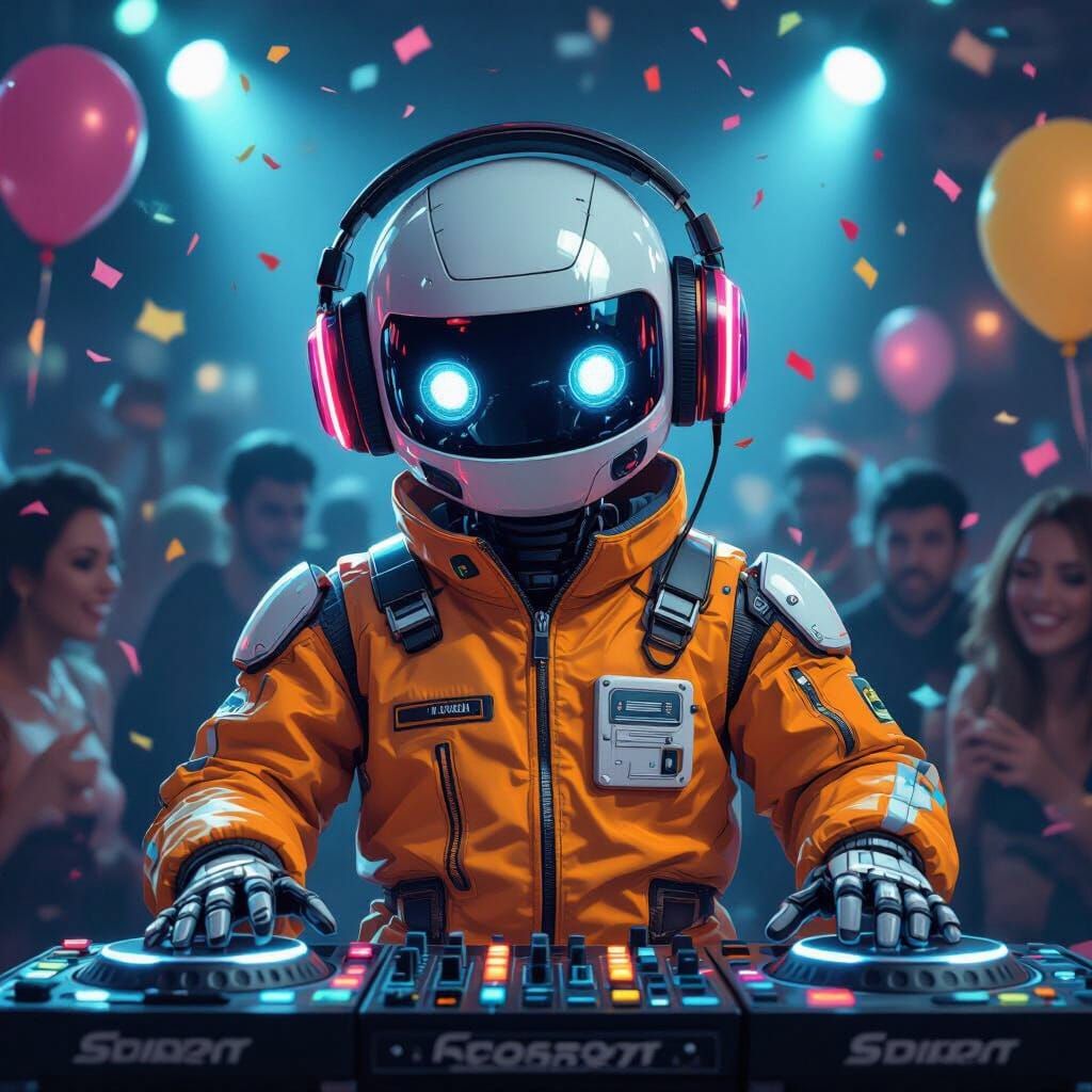 Humorous Robot DJ at Party, Futuristic Style