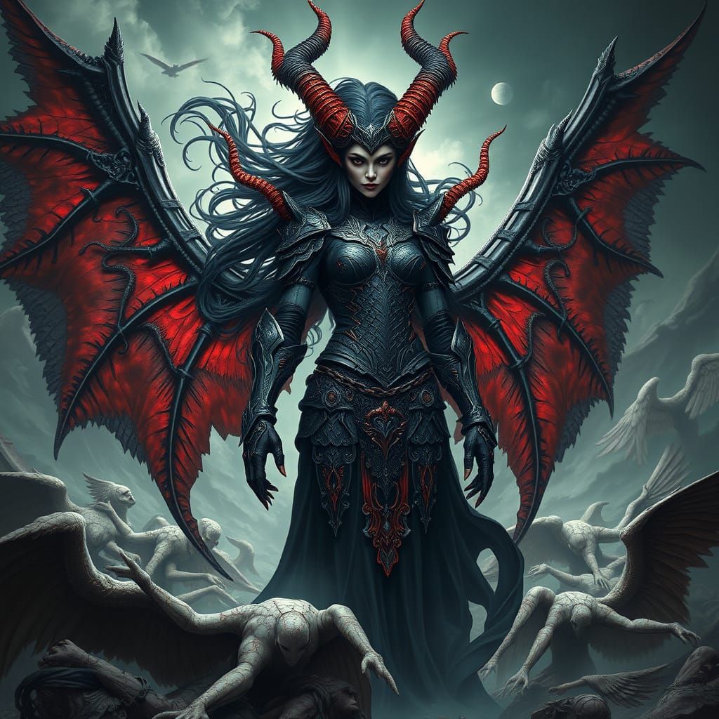 Cyberpunk Demon Goddess in Dark Gothic Architecture