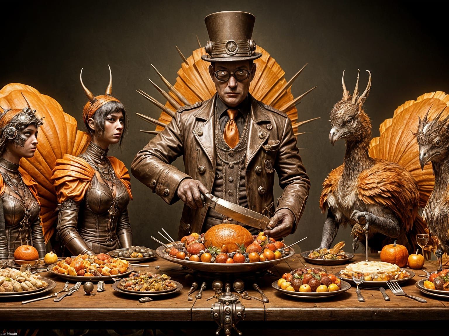 Steampunk Turkey Family Thanksgiving in Art Nouveau Style