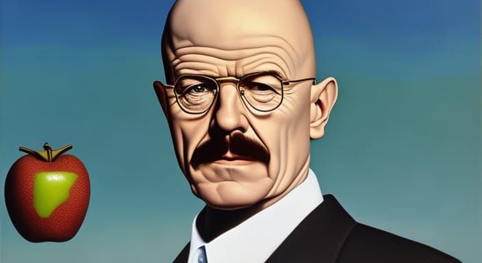 Hyperrealistic Heisenberg Portrait with Floating Apple, Surr...