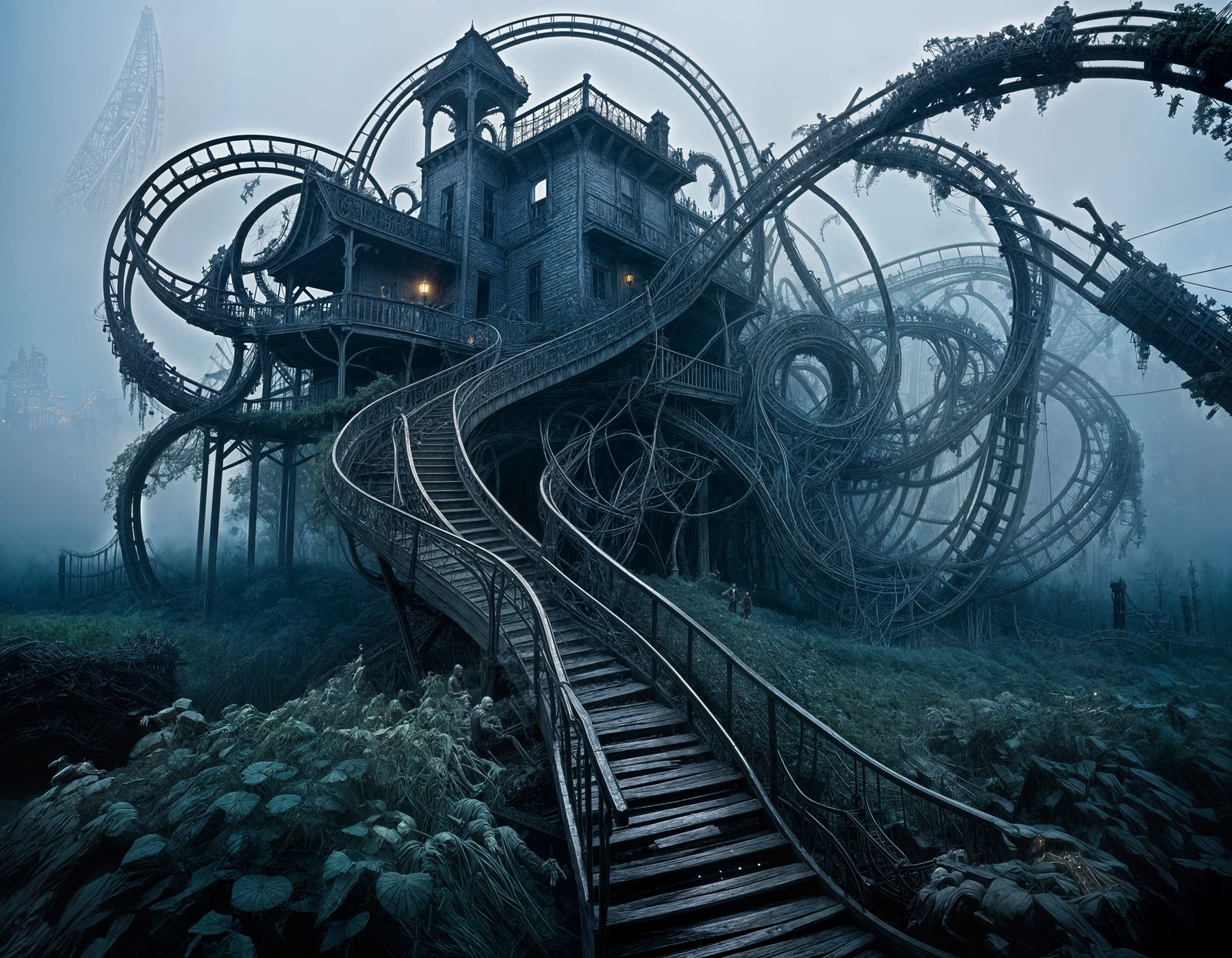 Ethereal Fantasy Rollercoaster in Gustave Doré Style