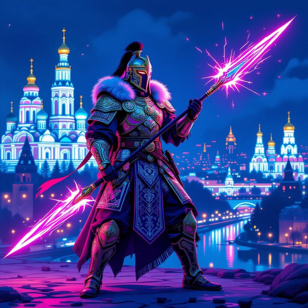 Futuristic Ukrainian Warrior in Neon Kyiv