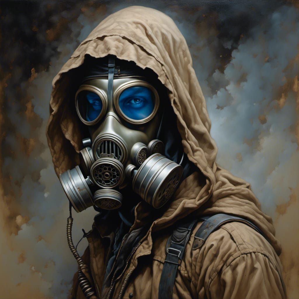 Hooded Man with Gas Mask in Dystopian Desertpunk World