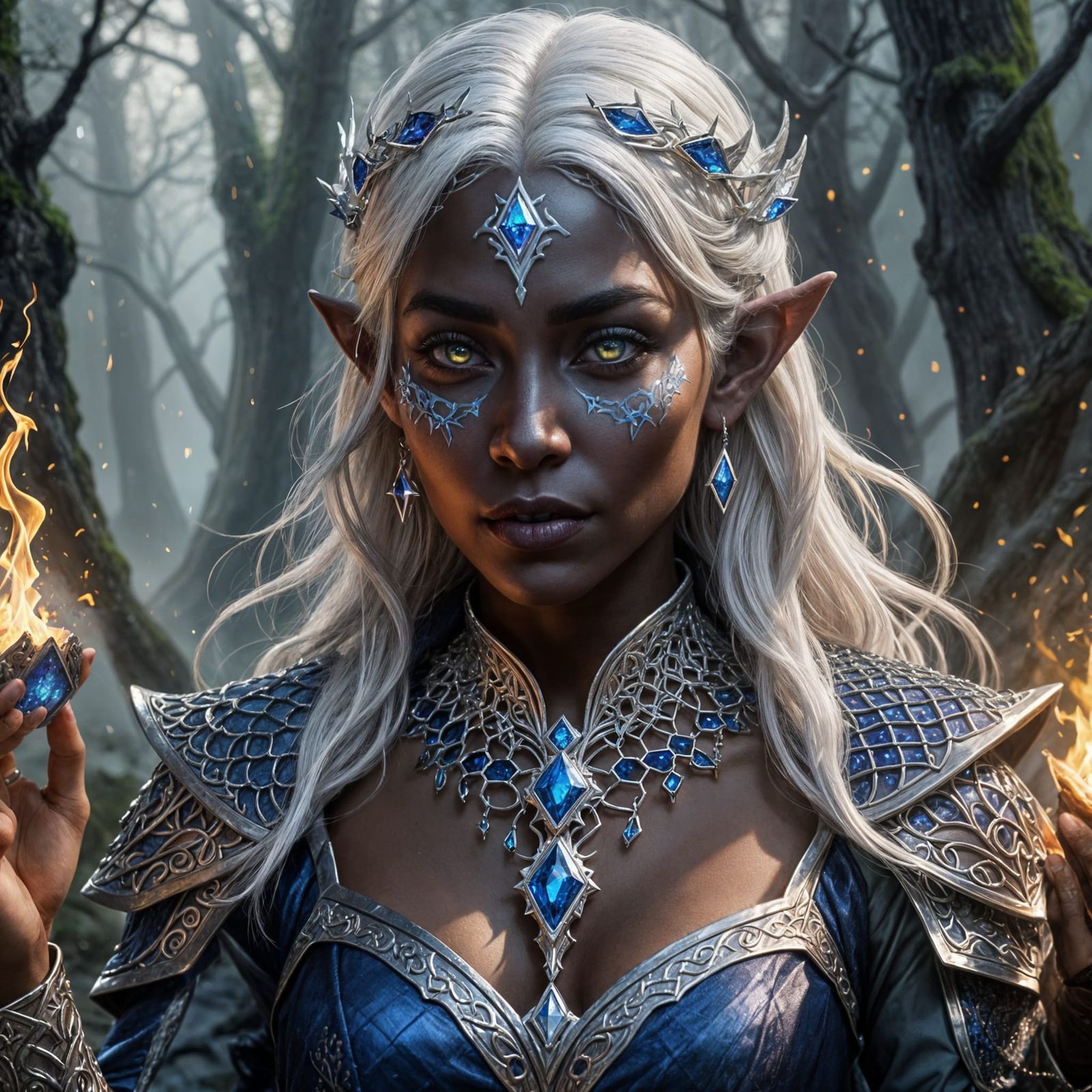 Vibrant Drow Sorceress Shines Beside Castle in the Misty Val...