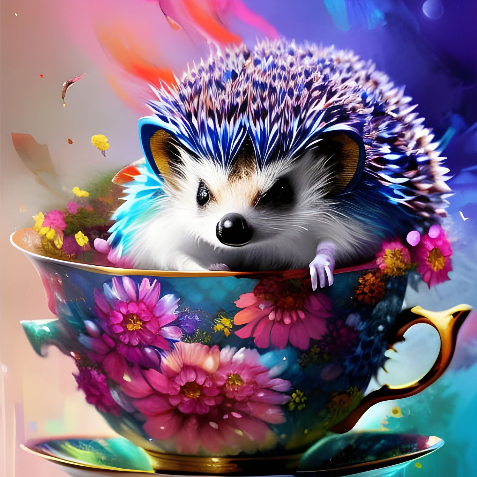 Baby Hedgehog in Teacup: Colorful Digital Art