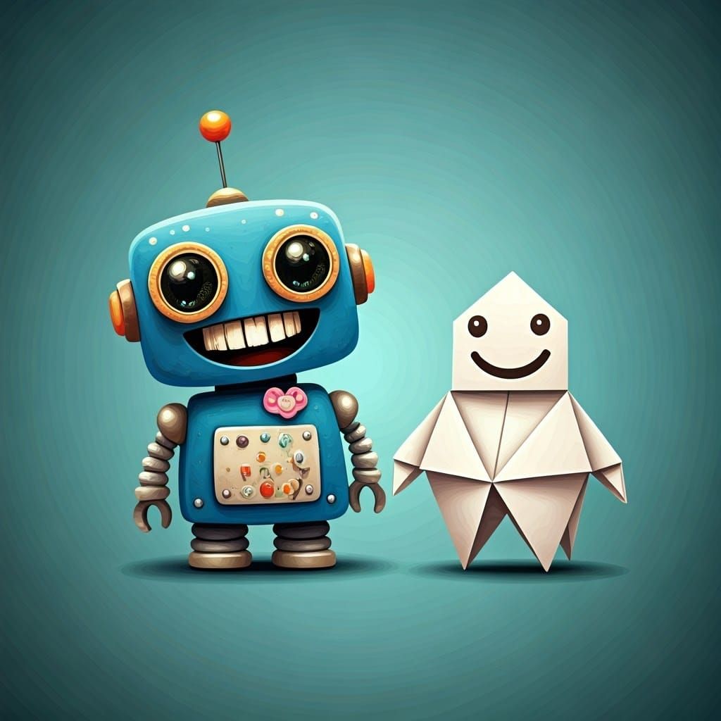 Charming Robots Bursting with Joy in Whimsical Painting