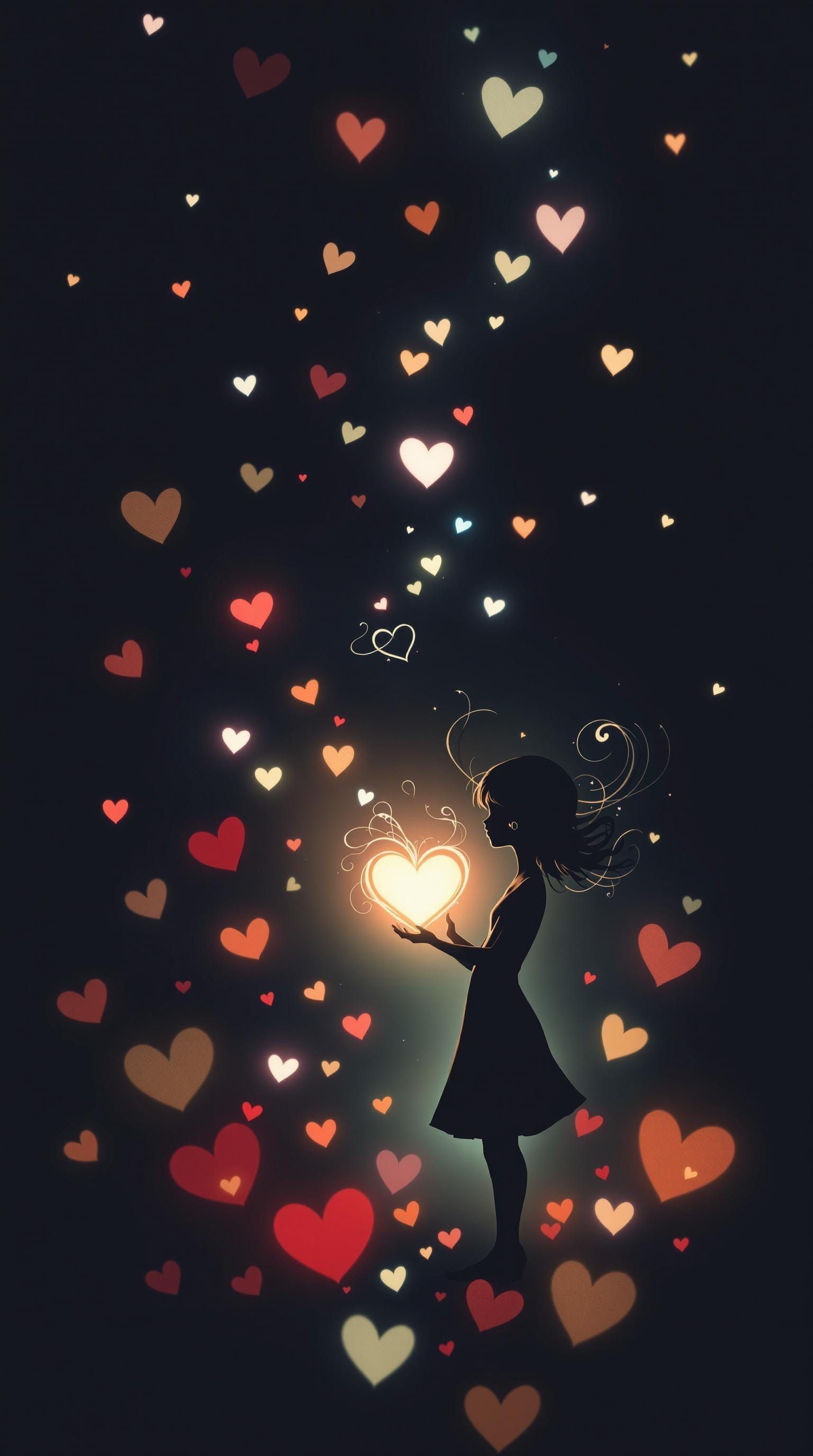 Girl in a Radiant Heart Scene, in Whimsical Watercolor Style