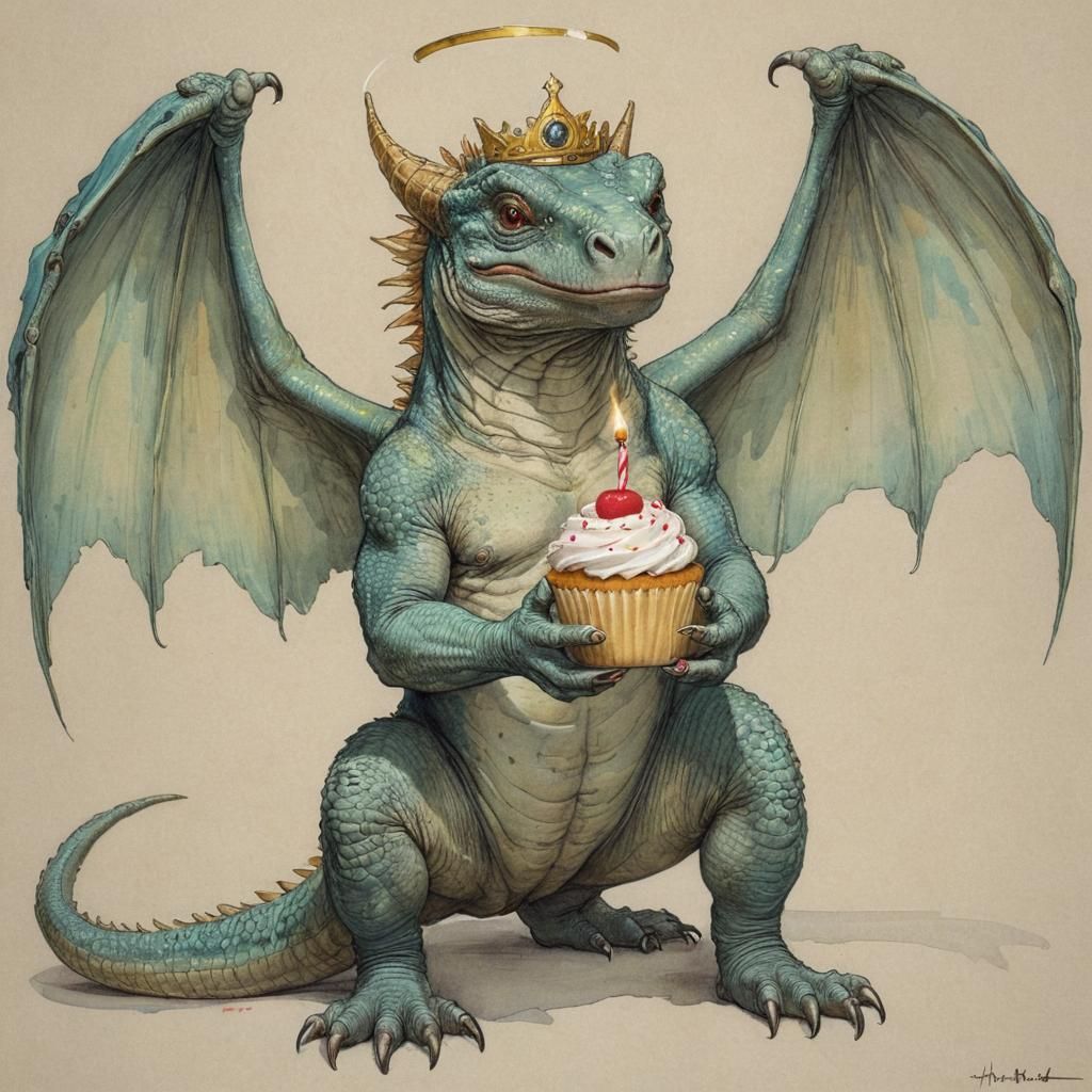 Winged Komodo Dragon Angel with Cupcake, Kley Style