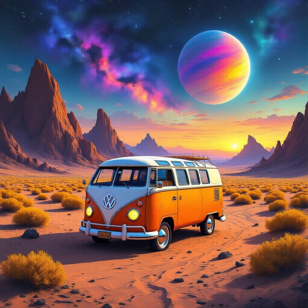 Alien Desert Sunset with Vintage Van