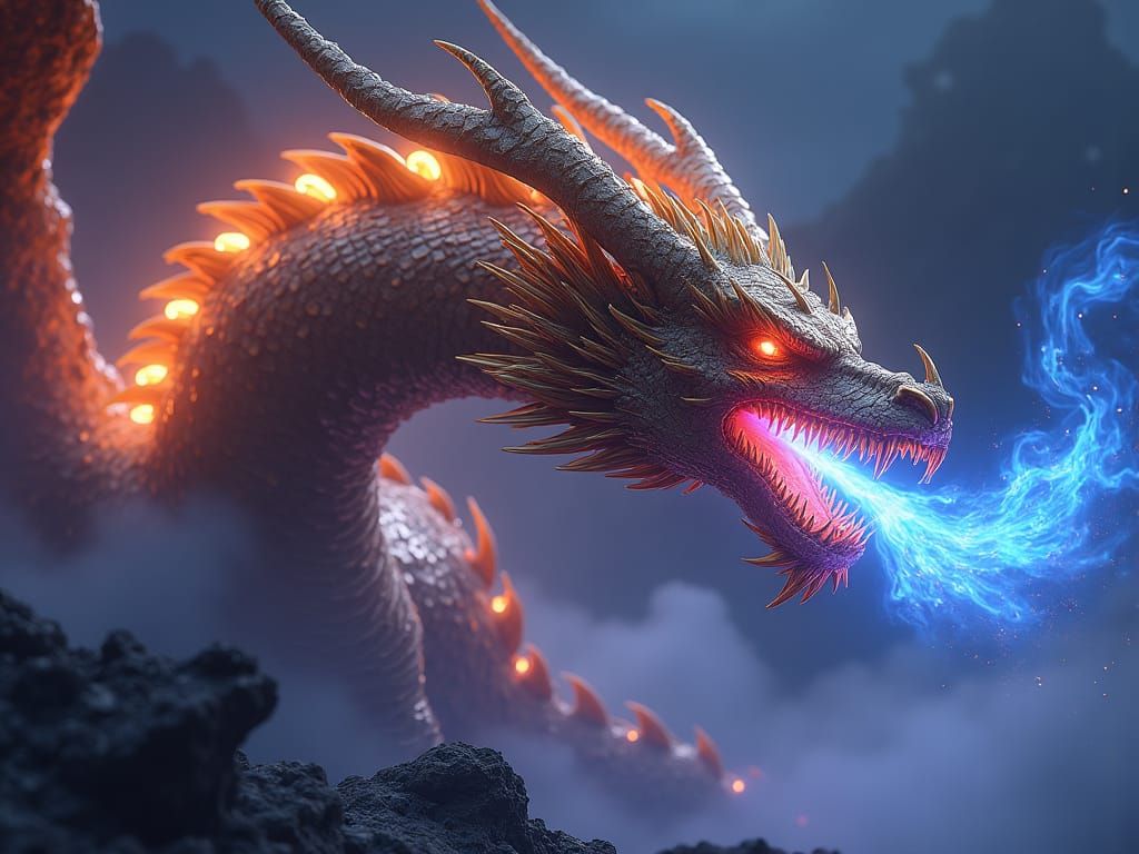 Golden Dragon Unleashes Blue Flames in Dark Fantasy Art