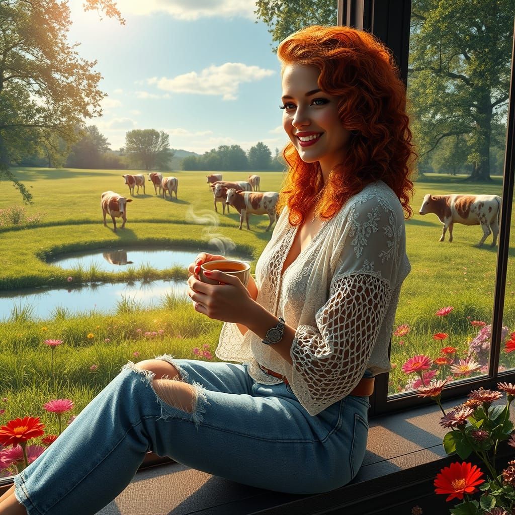 Serenely Gazing 1960s Woman with Copper Hair