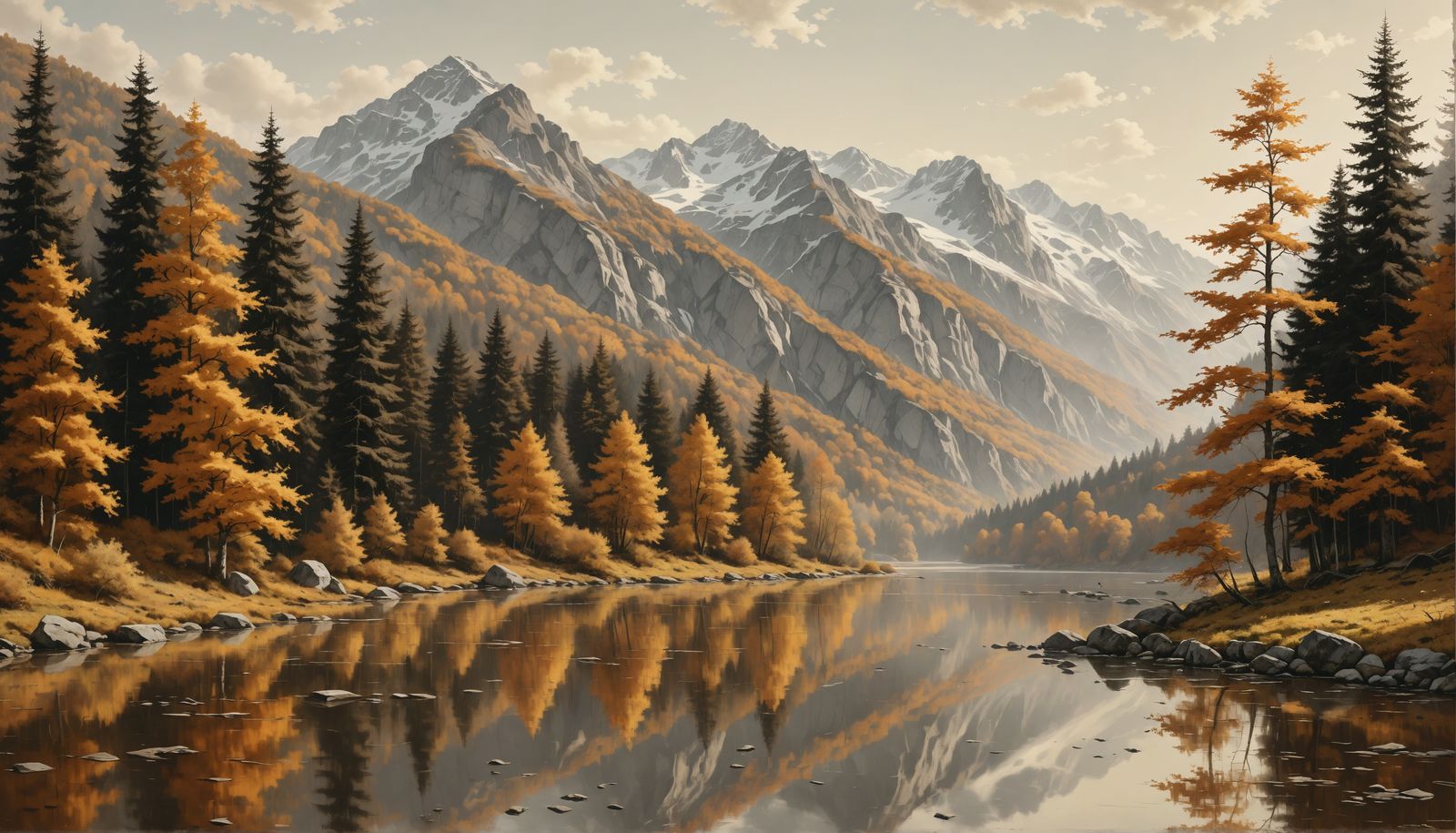 Detailed Autumn Landscape Painting in Muted Tones