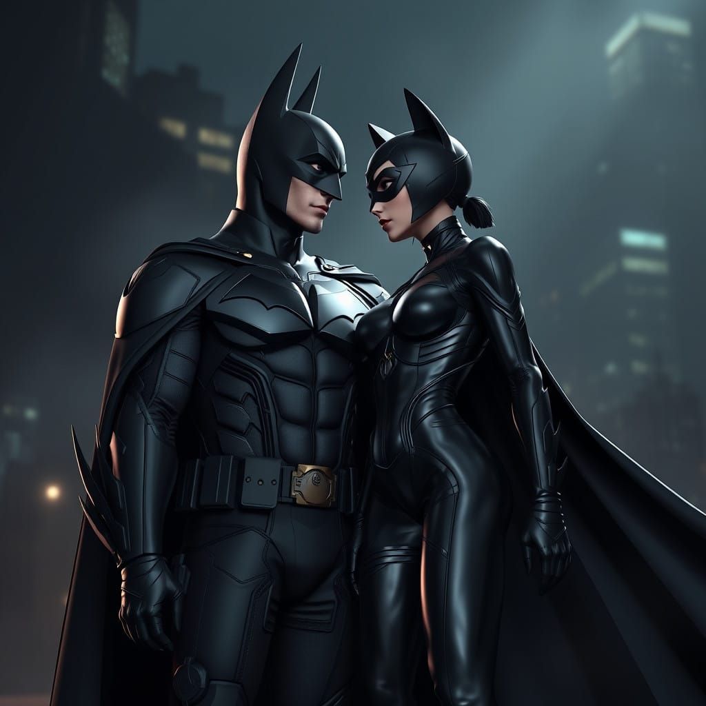 Batman and Catwoman in Anime-Inspired Gotham Night