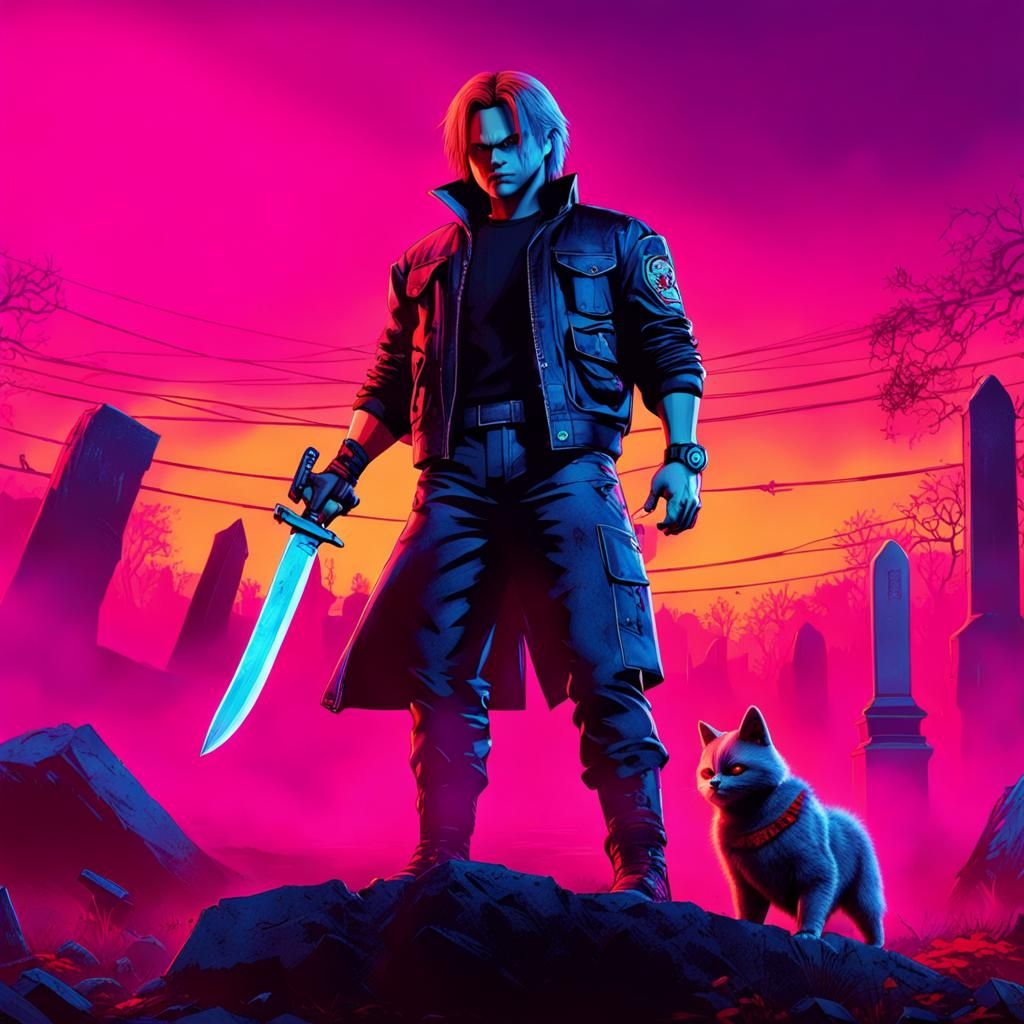 Chucky in Cyberpunk Graveyard with Bloody Knife
