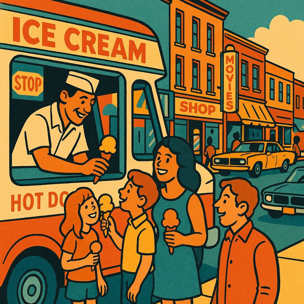 1970s Street Scene with Vintage Cars and Ice Cream Truck