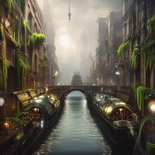 Steampunk City Streets Covered in Vines