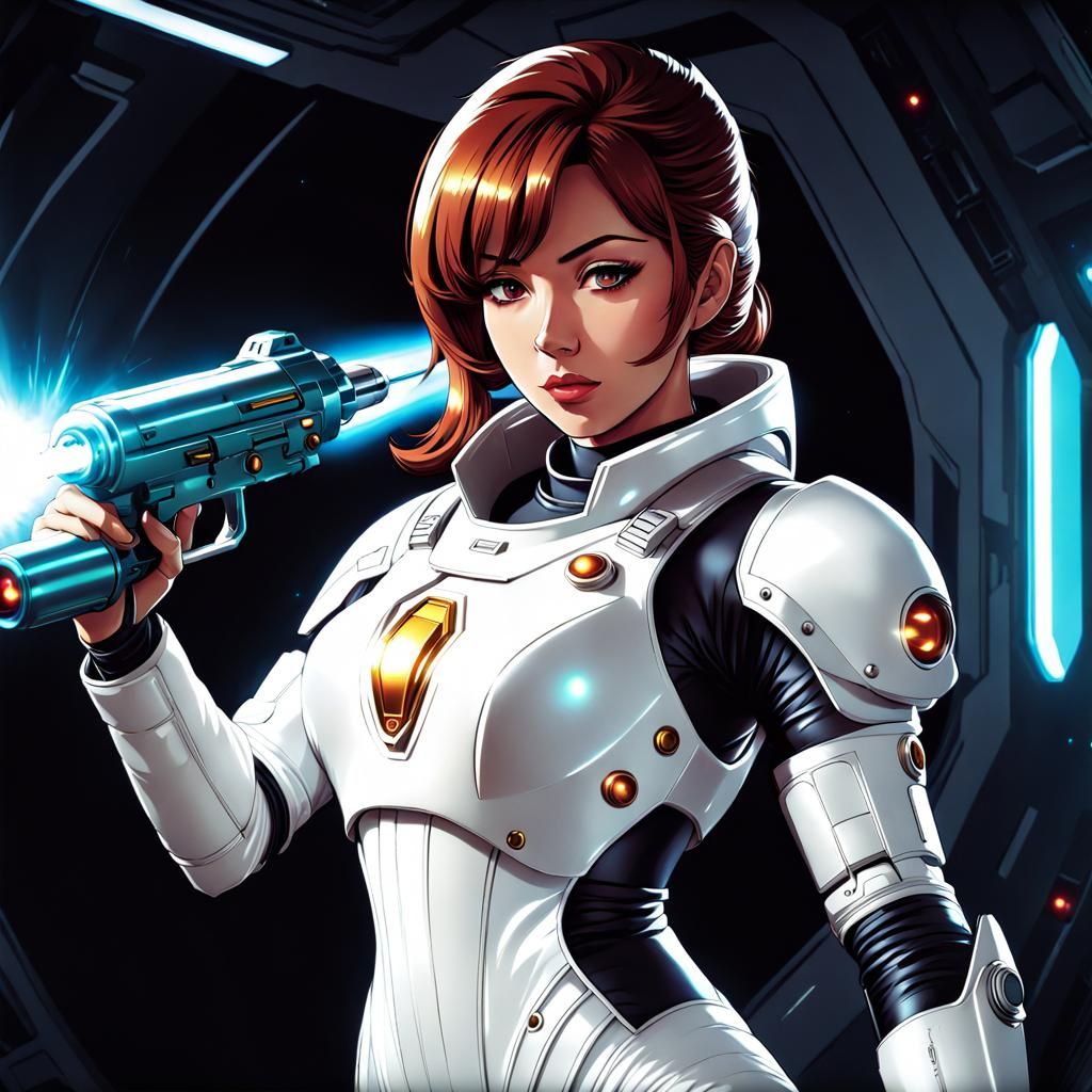Woman in Spacesuit with Ray Gun, Cel-Shaded Anime
