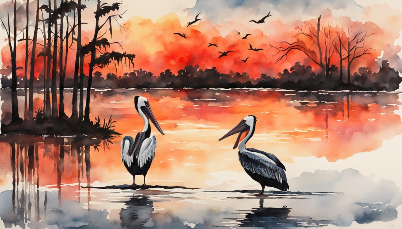 Vibrant Pelican Silhouettes at Sunset on the Mississippi