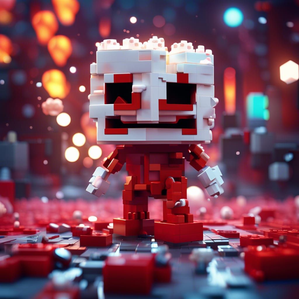 a cinematic of an adorable little Minecraft Lego Evil Red Demonic Marshmallow Anatomy standing at a Milky-way Weather st...